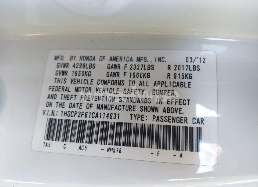 Photo 9 of 2012 Honda Accord 2.4 SE (VIN 1HGCP2F61CA114931)