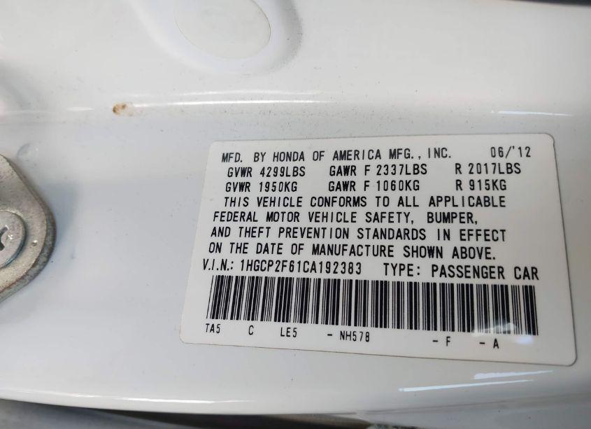 Photo 9 of 2012 Honda Accord 2.4 SE (VIN 1HGCP2F61CA192383)