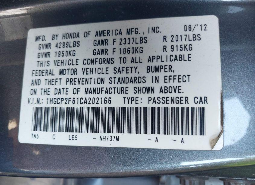 Photo 9 of 2012 Honda Accord 2.4 SE (VIN 1HGCP2F61CA202166)