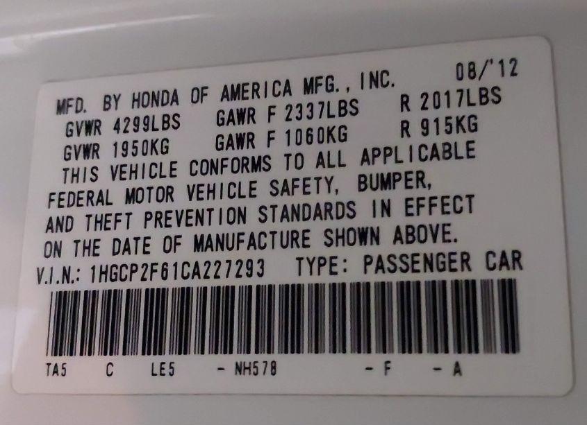Photo 9 of 2012 Honda Accord 2.4 SE (VIN 1HGCP2F61CA227293)