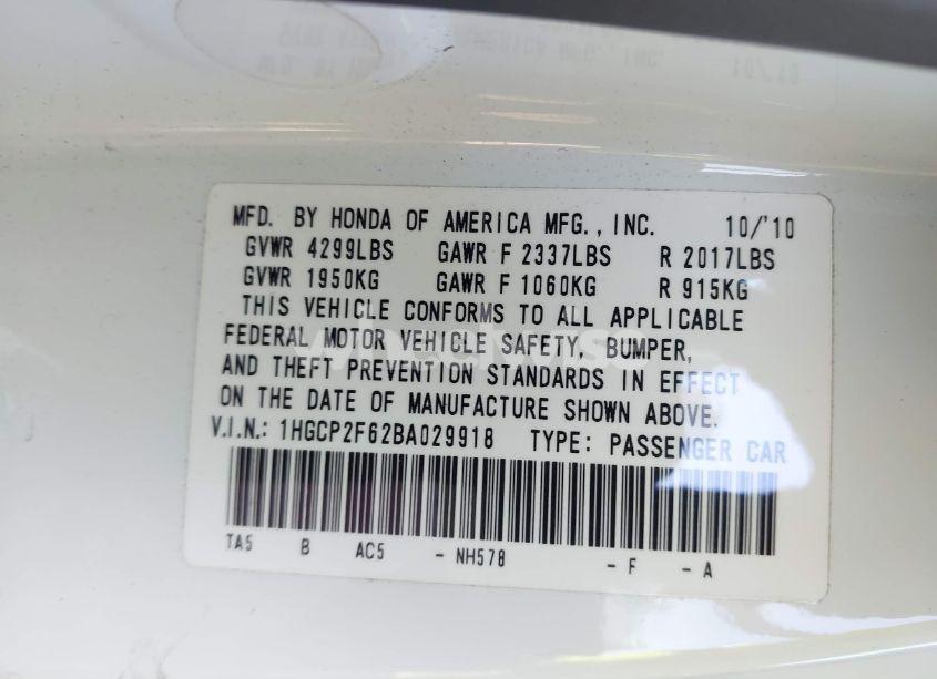 Photo 9 of 2011 Honda Accord 2.4 SE (VIN 1HGCP2F62BA029918)