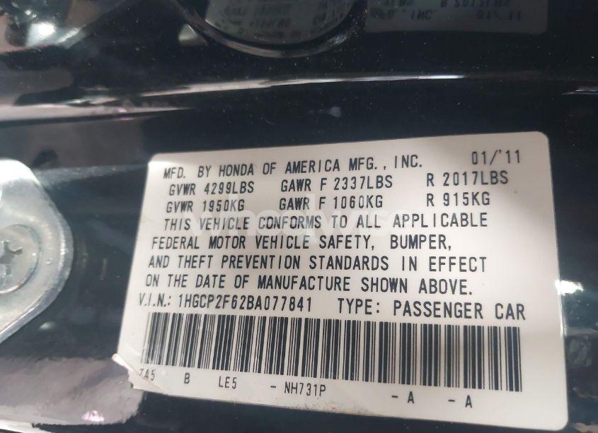Photo 9 of 2011 Honda Accord 2.4 SE (VIN 1HGCP2F62BA077841)