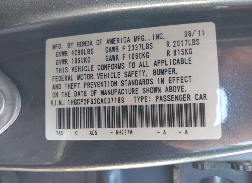 Photo 9 of 2012 Honda Accord 2.4 SE (VIN 1HGCP2F62CA007189)