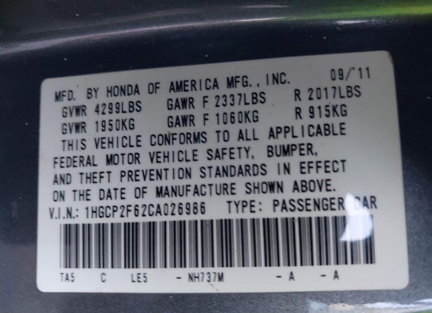 Photo 9 of 2012 Honda Accord 2.4 SE (VIN 1HGCP2F62CA026986)