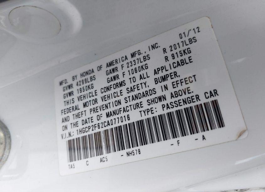 Photo 9 of 2012 Honda Accord 2.4 SE (VIN 1HGCP2F62CA077016)