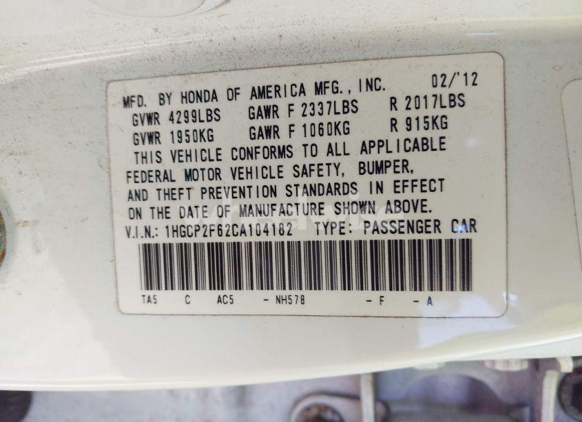 Photo 9 of 2012 Honda Accord 2.4 SE (VIN 1HGCP2F62CA104182)