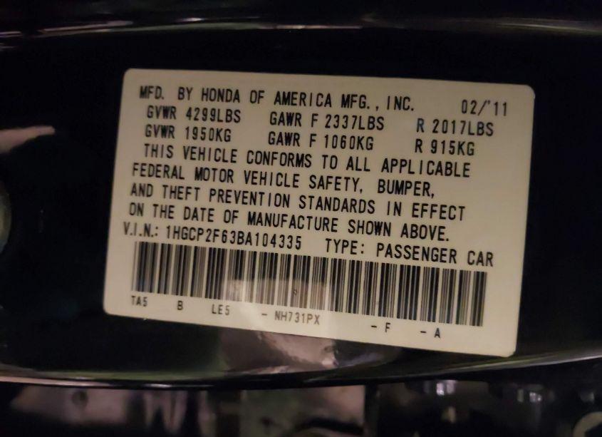 Photo 9 of 2011 Honda Accord 2.4 SE (VIN 1HGCP2F63BA104335)