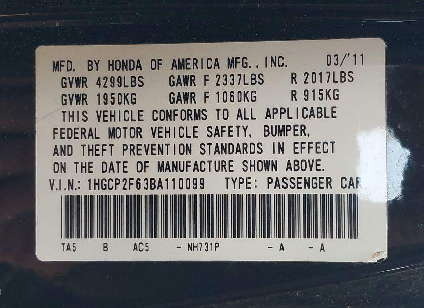 Photo 9 of 2011 Honda Accord 2.4 SE (VIN 1HGCP2F63BA110099)