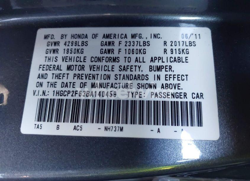 Photo 9 of 2011 Honda Accord 2.4 SE (VIN 1HGCP2F63BA140459)