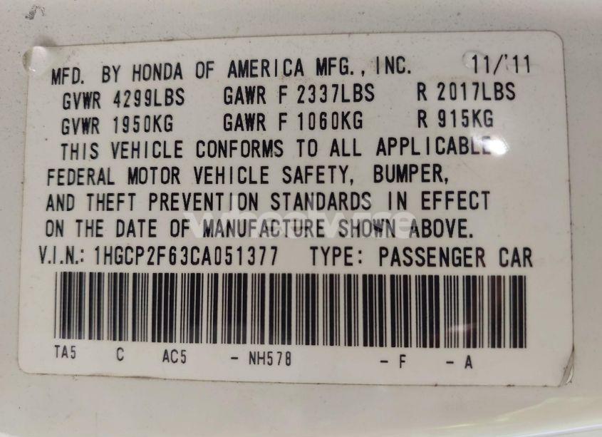 Photo 9 of 2012 Honda Accord 2.4 SE (VIN 1HGCP2F63CA051377)