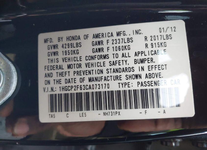 Photo 9 of 2012 Honda Accord 2.4 SE (VIN 1HGCP2F63CA073170)