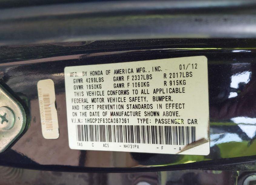 Photo 9 of 2012 Honda Accord 2.4 SE (VIN 1HGCP2F63CA087361)