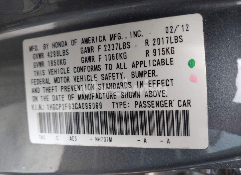 Photo 9 of 2012 Honda Accord 2.4 SE (VIN 1HGCP2F63CA095069)
