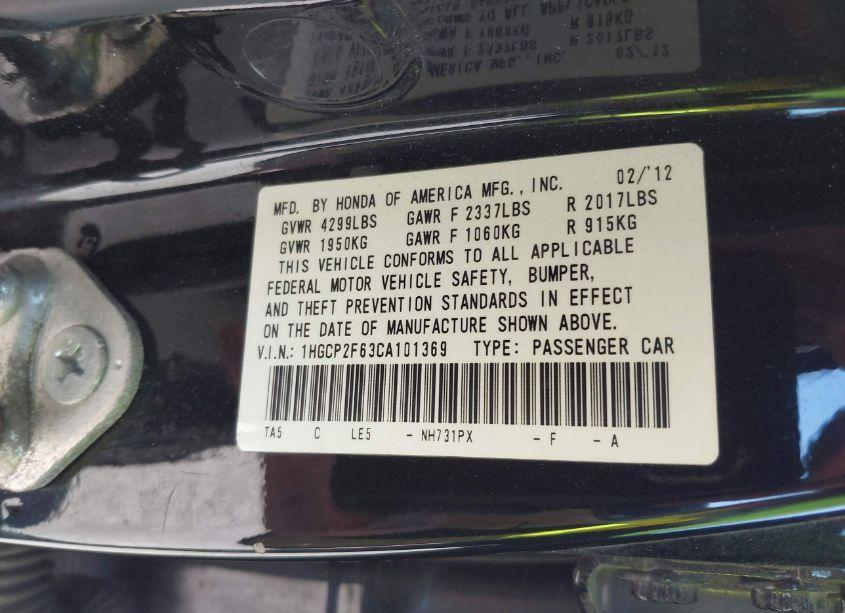 Photo 9 of 2012 Honda Accord 2.4 SE (VIN 1HGCP2F63CA101369)