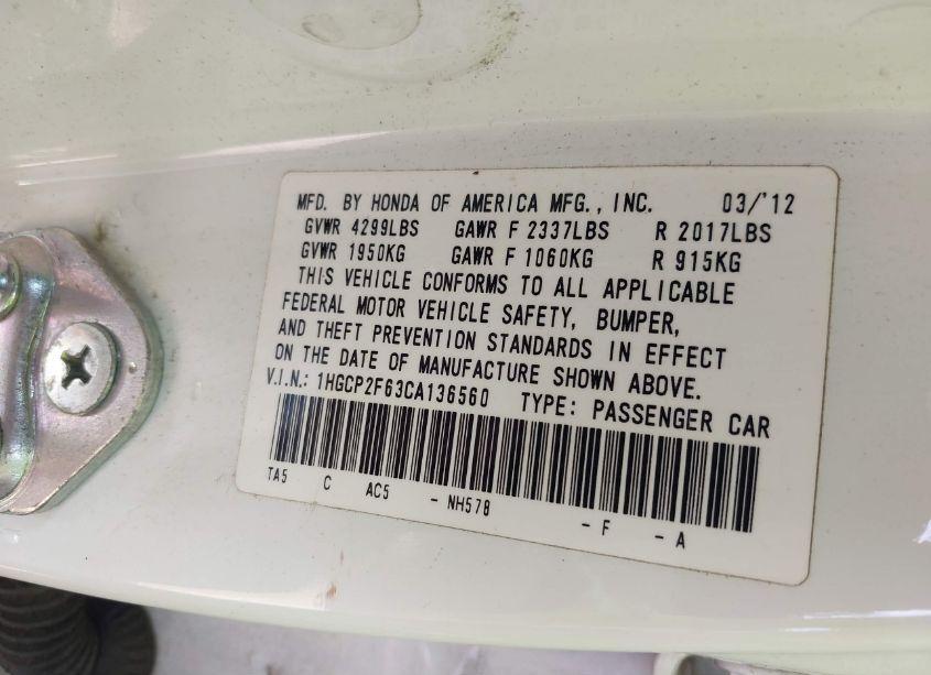 Photo 9 of 2012 Honda Accord 2.4 SE (VIN 1HGCP2F63CA136560)