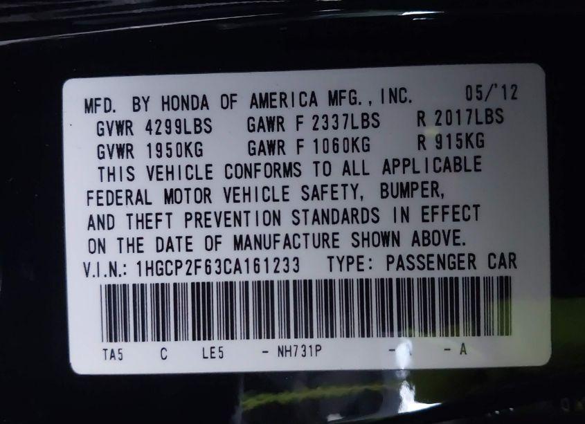 Photo 9 of 2012 Honda Accord 2.4 SE (VIN 1HGCP2F63CA161233)
