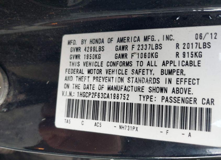 Photo 9 of 2012 Honda Accord 2.4 SE (VIN 1HGCP2F63CA198752)