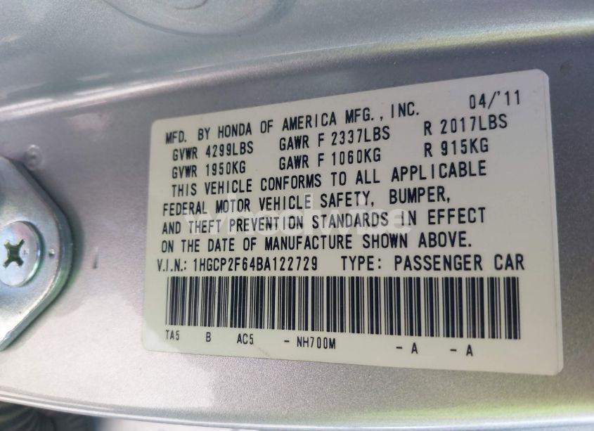 Photo 9 of 2011 Honda Accord 2.4 SE (VIN 1HGCP2F64BA122729)