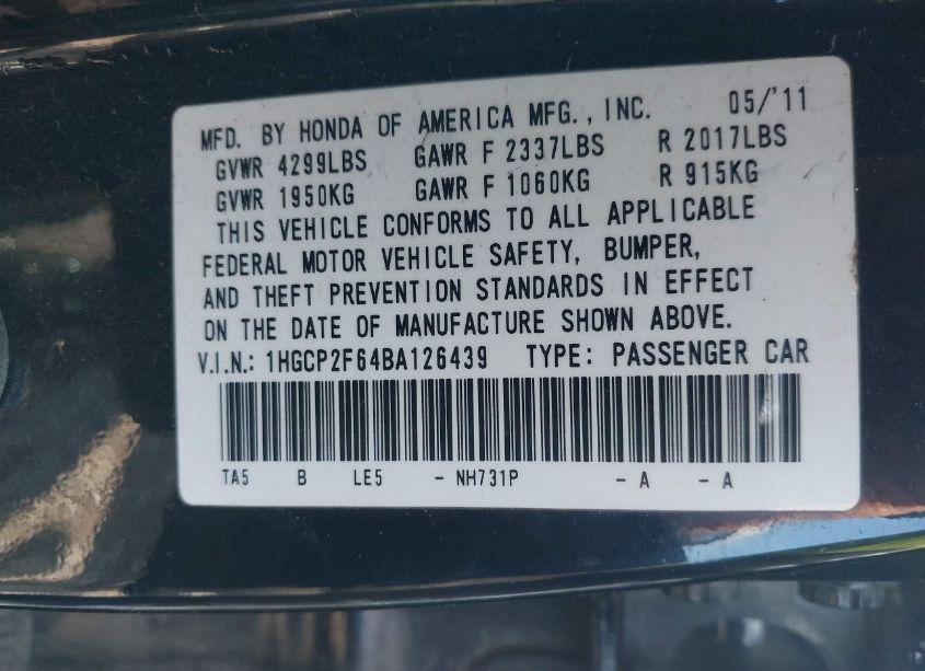 Photo 9 of 2011 Honda Accord 2.4 SE (VIN 1HGCP2F64BA126439)