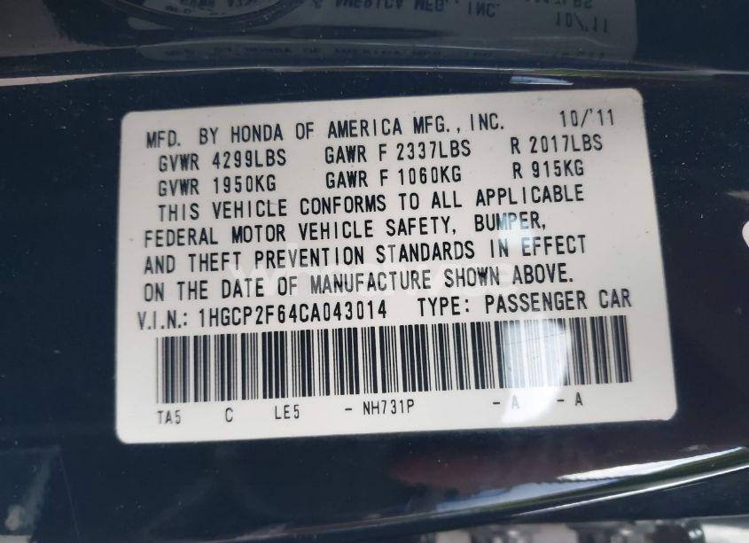 Photo 9 of 2012 Honda Accord 2.4 SE (VIN 1HGCP2F64CA043014)