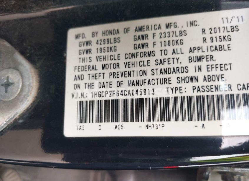 Photo 9 of 2012 Honda Accord 2.4 SE (VIN 1HGCP2F64CA045913)