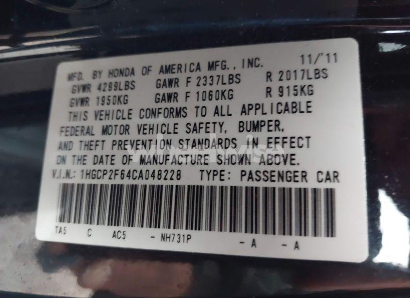 Photo 9 of 2012 Honda Accord 2.4 SE (VIN 1HGCP2F64CA048228)