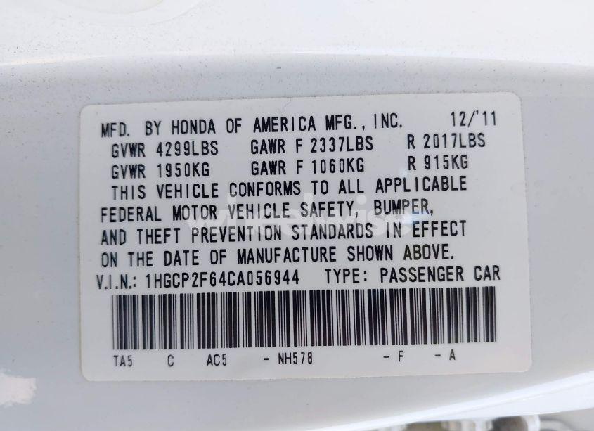 Photo 9 of 2012 Honda Accord 2.4 SE (VIN 1HGCP2F64CA056944)