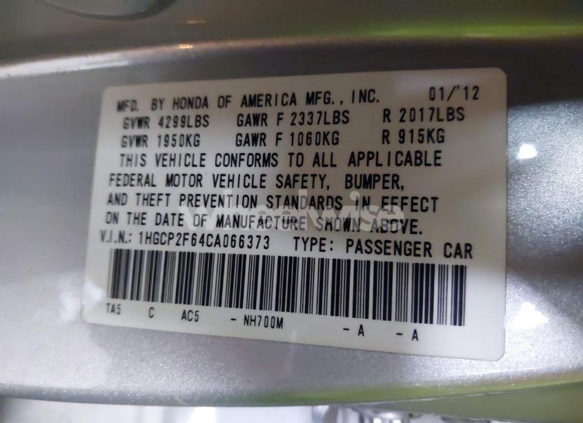 Photo 9 of 2012 Honda Accord 2.4 SE (VIN 1HGCP2F64CA066373)