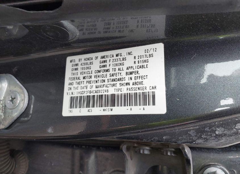 Photo 9 of 2012 Honda Accord 2.4 SE (VIN 1HGCP2F64CA092245)