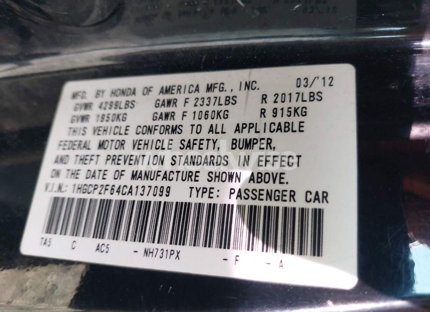 Photo 9 of 2012 Honda Accord 2.4 SE (VIN 1HGCP2F64CA137099)