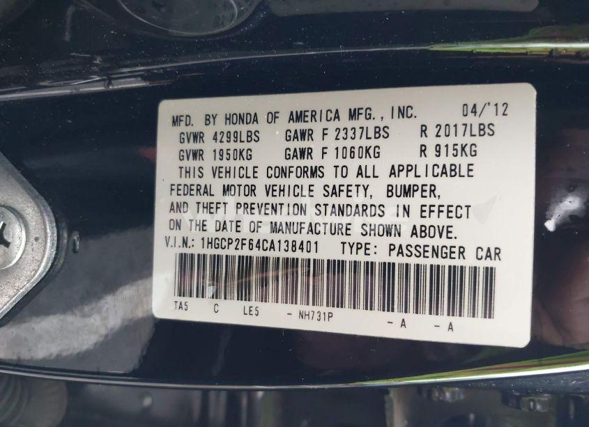 Photo 9 of 2012 Honda Accord 2.4 SE (VIN 1HGCP2F64CA138401)