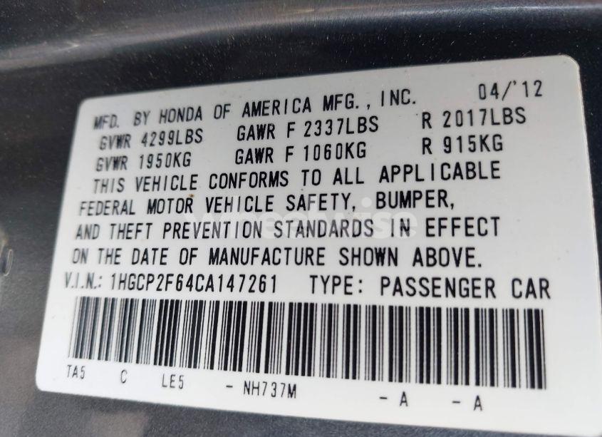 Photo 9 of 2012 Honda Accord 2.4 SE (VIN 1HGCP2F64CA147261)