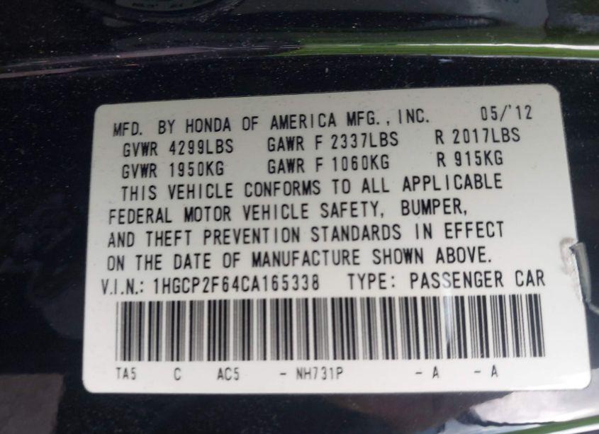 Photo 9 of 2012 Honda Accord 2.4 SE (VIN 1HGCP2F64CA165338)