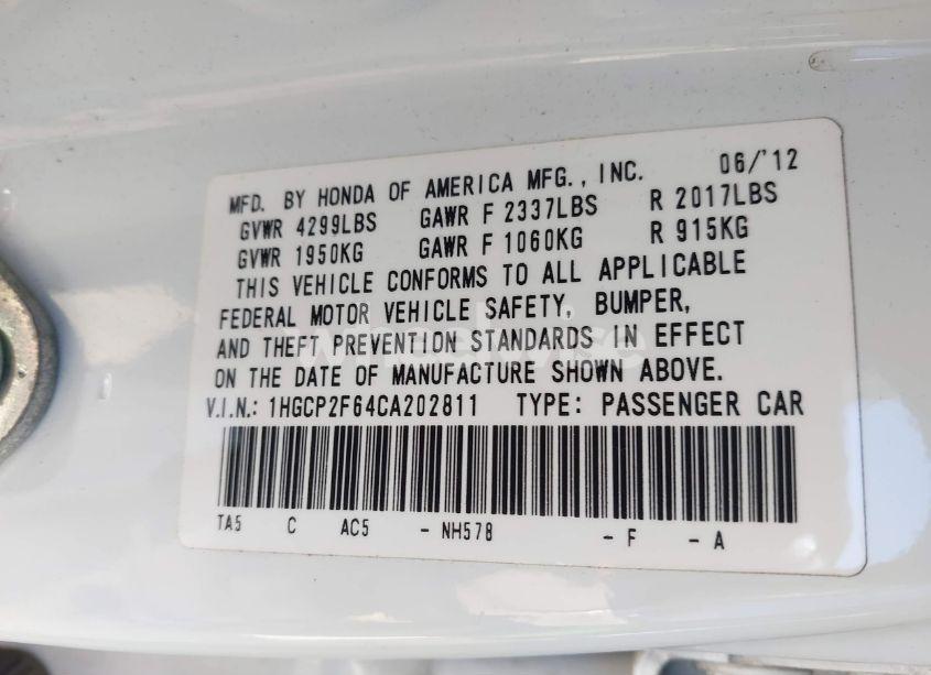Photo 9 of 2012 Honda Accord 2.4 SE (VIN 1HGCP2F64CA202811)