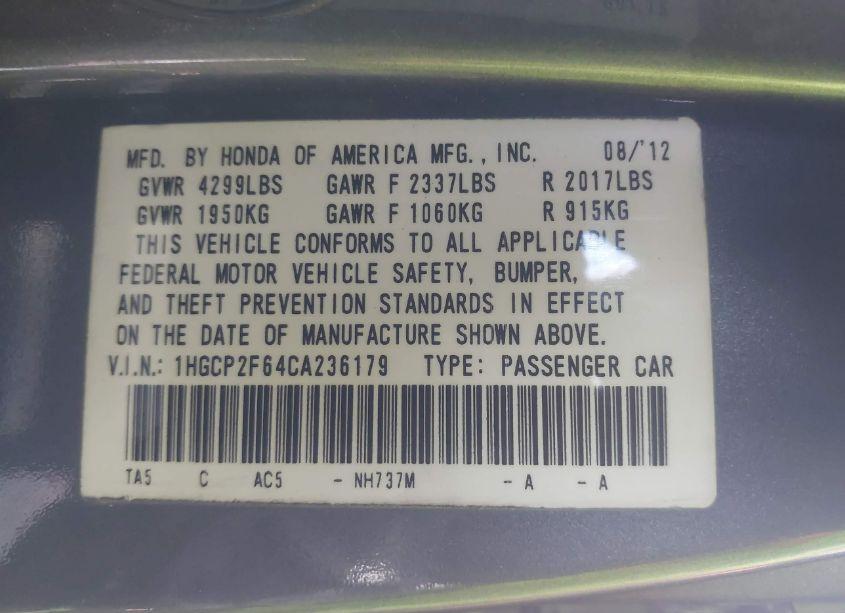 Photo 9 of 2012 Honda Accord 2.4 SE (VIN 1HGCP2F64CA236179)