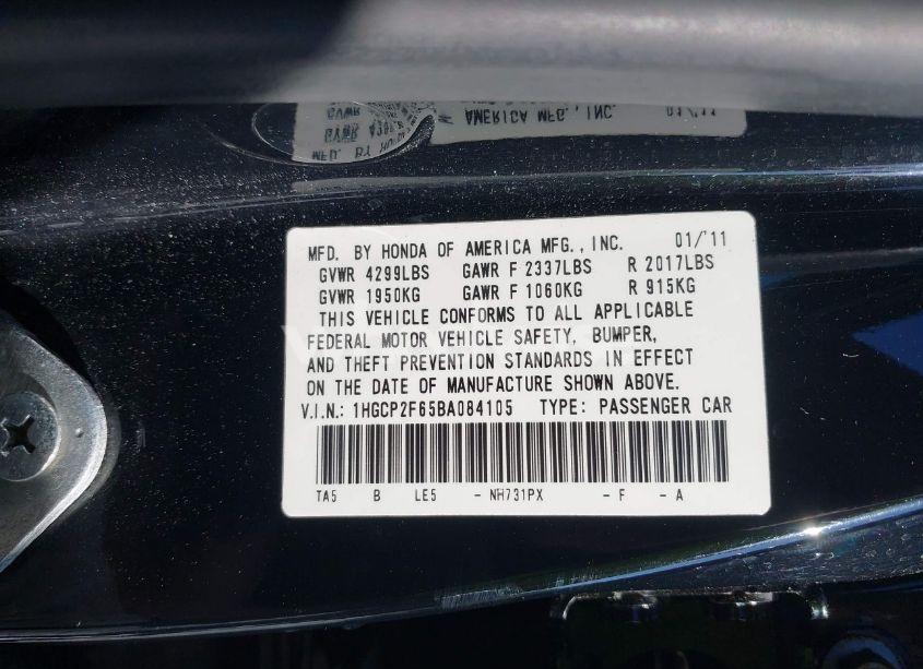 Photo 9 of 2011 Honda Accord 2.4 SE (VIN 1HGCP2F65BA084105)