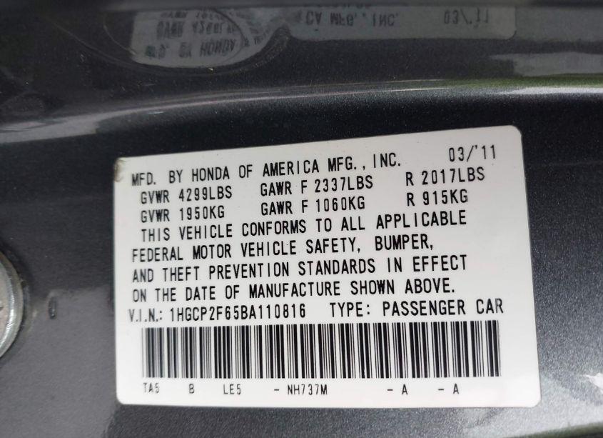 Photo 9 of 2011 Honda Accord 2.4 SE (VIN 1HGCP2F65BA110816)