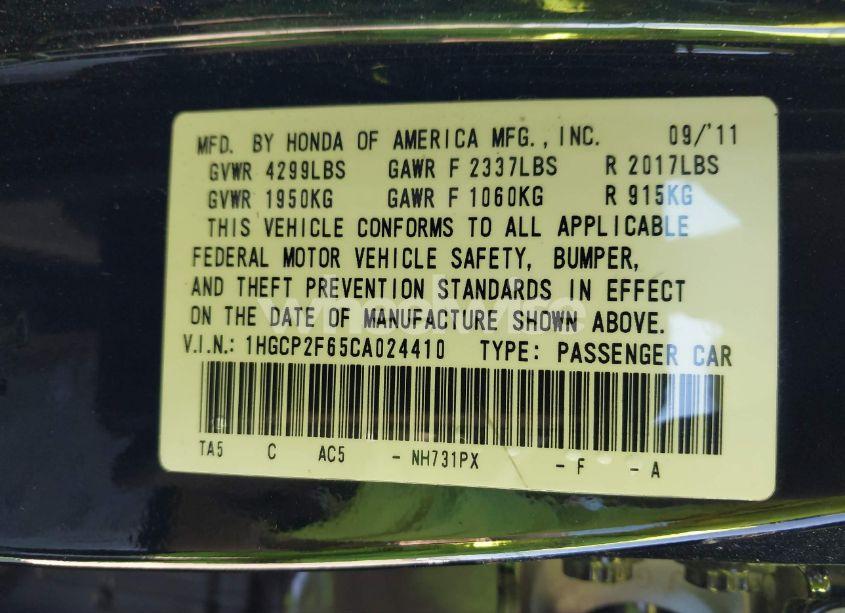 Photo 9 of 2012 Honda Accord 2.4 SE (VIN 1HGCP2F65CA024410)