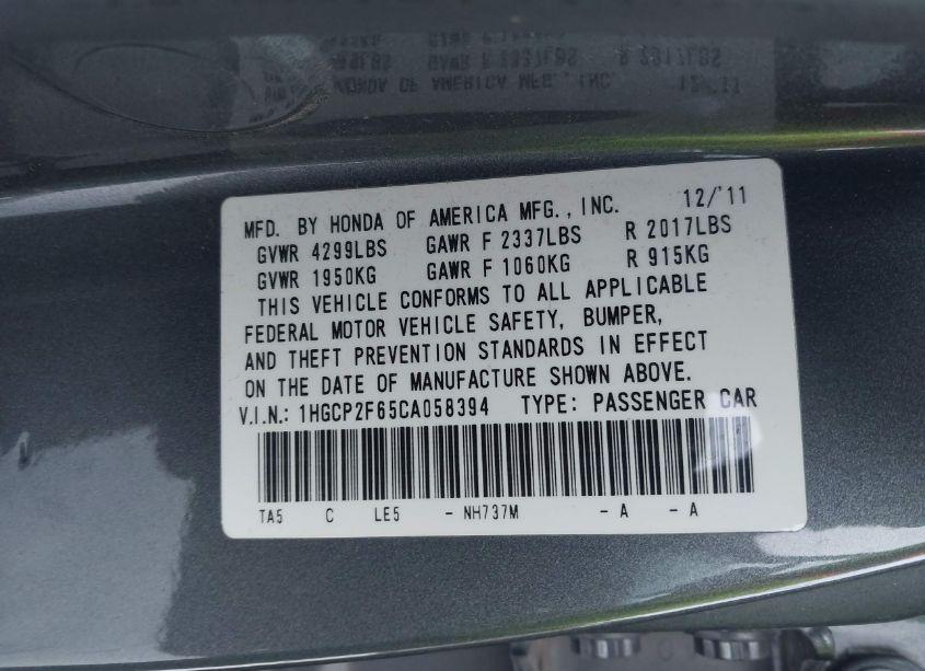 Photo 9 of 2012 Honda Accord 2.4 SE (VIN 1HGCP2F65CA058394)