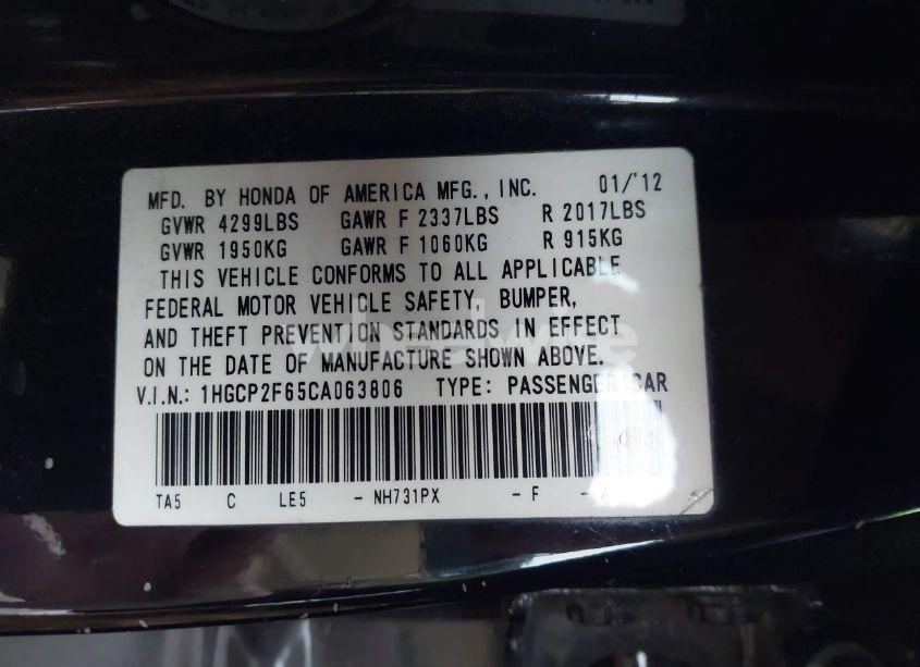 Photo 9 of 2012 Honda Accord 2.4 SE (VIN 1HGCP2F65CA063806)