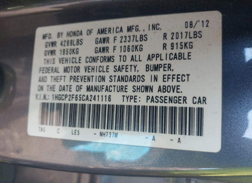 Photo 9 of 2012 Honda Accord 2.4 SE (VIN 1HGCP2F65CA241116)