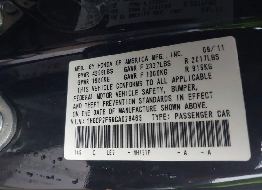 Photo 9 of 2012 Honda Accord 2.4 SE (VIN 1HGCP2F66CA028465)