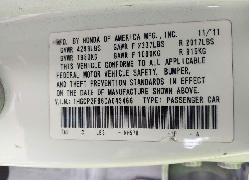 Photo 9 of 2012 Honda Accord 2.4 SE (VIN 1HGCP2F66CA043466)