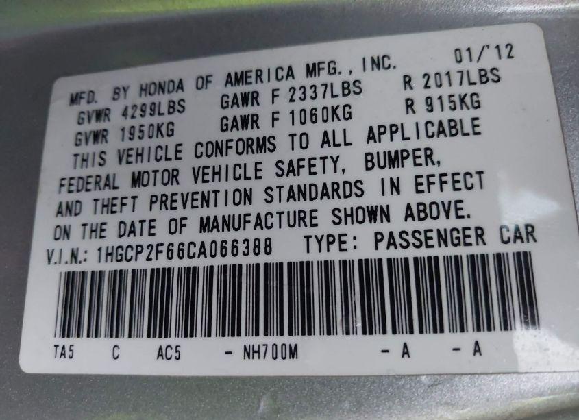 Photo 9 of 2012 Honda Accord 2.4 SE (VIN 1HGCP2F66CA066388)