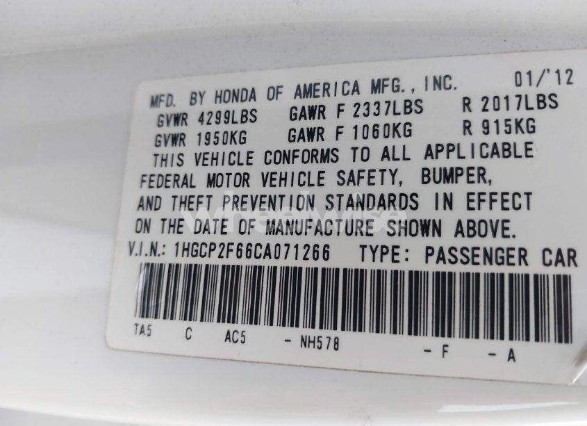 Photo 9 of 2012 Honda Accord 2.4 SE (VIN 1HGCP2F66CA071266)