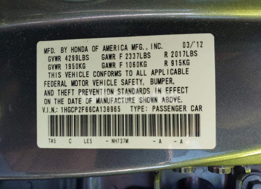 Photo 9 of 2012 Honda Accord 2.4 SE (VIN 1HGCP2F66CA138965)