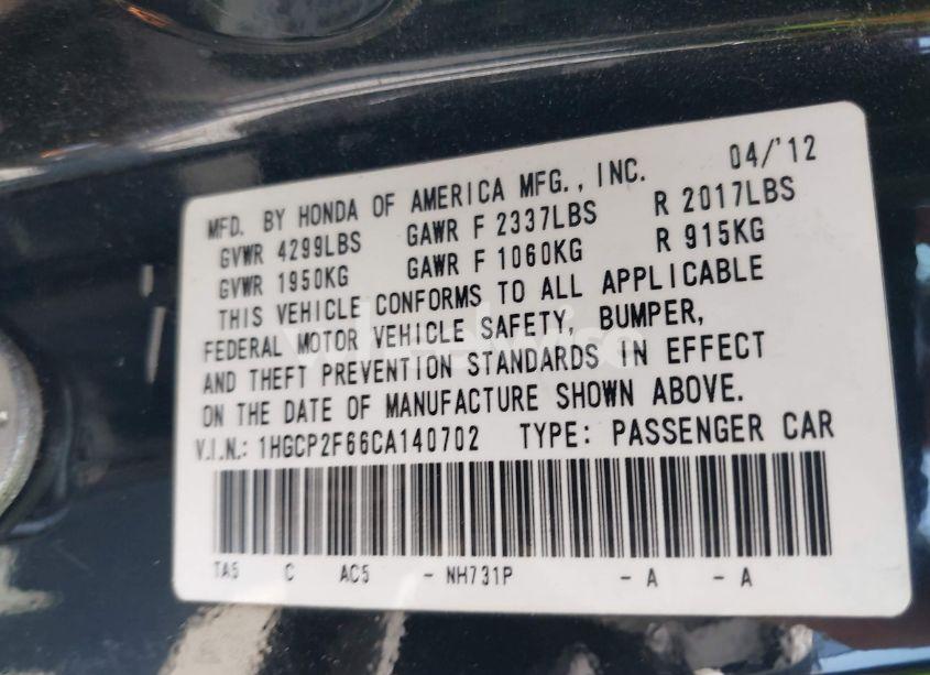 Photo 9 of 2012 Honda Accord 2.4 SE (VIN 1HGCP2F66CA140702)
