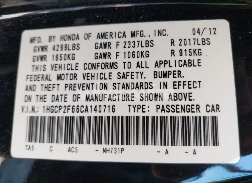 Photo 9 of 2012 Honda Accord 2.4 SE (VIN 1HGCP2F66CA140716)