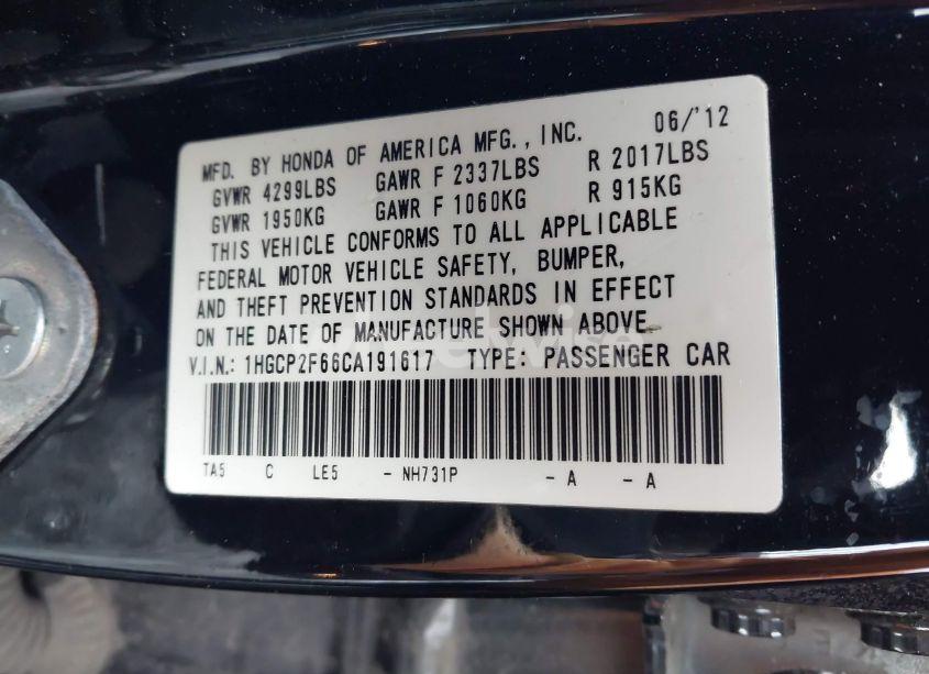 Photo 9 of 2012 Honda Accord 2.4 SE (VIN 1HGCP2F66CA191617)