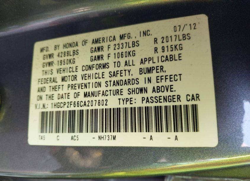 Photo 9 of 2012 Honda Accord 2.4 SE (VIN 1HGCP2F66CA207802)